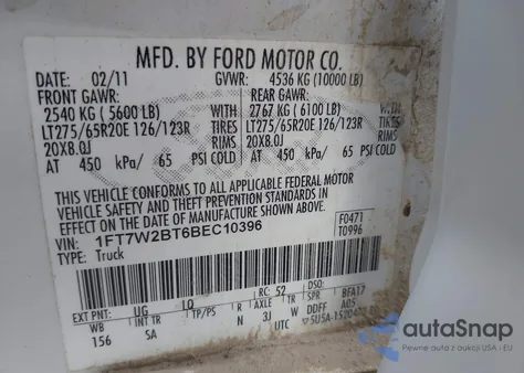 2011 Ford F-250 Lariat from USA, damaged, VIN 1FT7W2BT6BEC10396